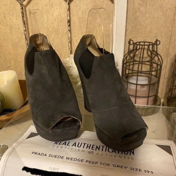 Prada Suede Peep Toe Wedge Ankle Booties - Picture 9 of 9